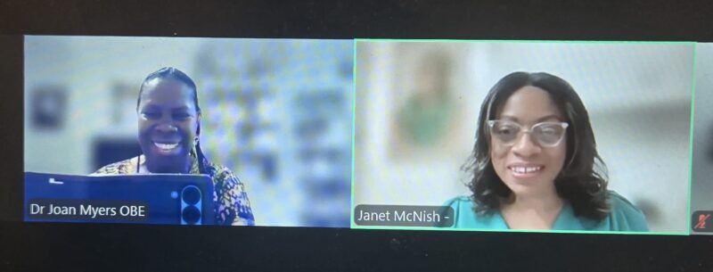 Zoom book launch screenshot of Janet and Joan